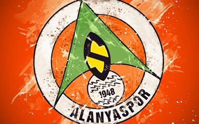 Alanyaspor, 4k, paint art, logo, creative, Turkish football team, Super Lig, emblem, orange background, grunge style, Alanya, Turkey, football
