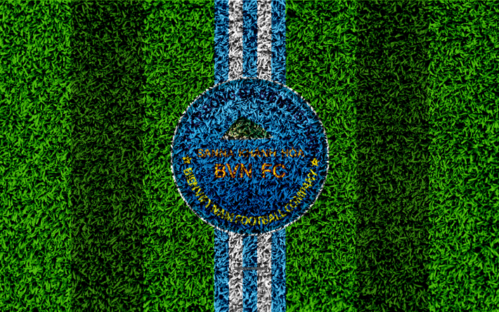 Sanna Khanh Hoa BVN FC, 4k, logo, football pelouse, Vietnamien club de football, blanc, bleu lignes, texture d&#39;herbe, l&#39;embl&#232;me, le V de la Ligue 1, Hahn-Hta, le Vietnam, le football