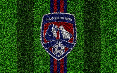 Than Quang Ninh FC, 4k, logo, football lawn, Vietnamese football club, blue red lines, grass texture, emblem, V League 1, Quang Ninh, Vietnam, football