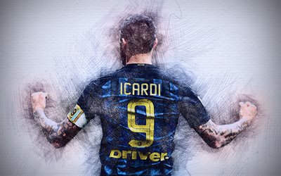 4k, Mauro Icardi, back view, goal, Internazionale, Argentine footballer, soccer, Serie A, Icardi, Inter Milan, footballers, drawing Icardi, Inter Milan FC