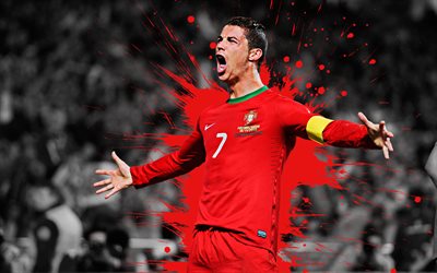 Cristiano Ronaldo, 4k, Portugal national football team, art, splashes of paint, grunge art, Portuguese footballer, creative art, Portugal, football