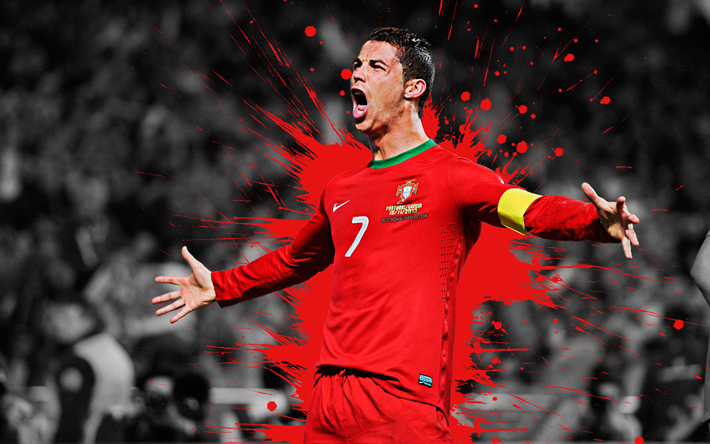 Cristiano Ronaldo, 4k, ポルトガル代表サッカーチーム, 美術, 水しぶきの塗装, グランジア, ポルトガル語フットボーラー, 【クリエイティブ-アート, ポルトガル, サッカー