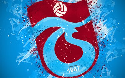 Trabzonspor, 4k, peinture d&#39;art, logo, cr&#233;atif, turque de football de l&#39;&#233;quipe, Super Lig, embl&#232;me, fond bleu, style grunge, Trabzon, Turquie, football