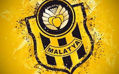 Yeni Malatyaspor, 4k, arte pittura, logo, creativo, bagno turco squadra di calcio, Super Lig, stemma, sfondo giallo, grunge, stile, Malatya, Turchia, calcio