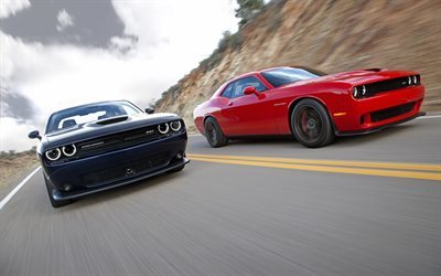 Dodge Challenger SRT, Hellcat, speed, road, black Dodge, red Dodge