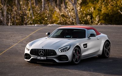 Mercedes-Benz GT C AMG Roadster, 2018, 4k, supercar, d&#39;argento coup&#233; sportivo, tetto morbido, auto di lusso, Mercedes