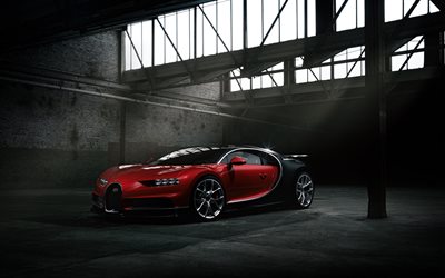 Bugatti Chiron, hypercar, rojo negro Quir&#243;n, supercar, garaje, VAG, Bugatti