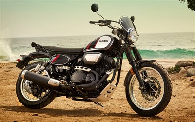 Yamaha SCR950 Scrambler, 2018, new motorcycles, black bike, coast, seascape, waves, Yamaha