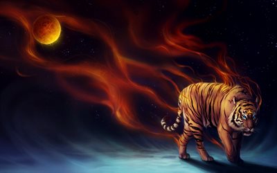 burning tiger, art, painted tiger, predator, space