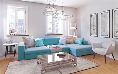 oturma odası, modern tasarımı, şık i&#231;, aydınlık bir oturma odası, mavi kanepe
