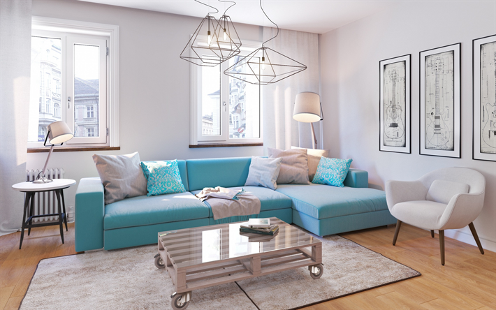 sala de estar, dise&#241;o moderno, interior de estilo, luminosa sala de estar, sof&#225; azul