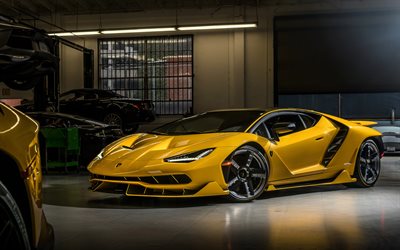 4k, Lamborghini Centenario, garage, 2018 cars, supercars, yellow Centenario, Lamborghini