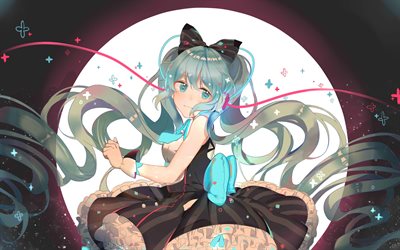 4k, Hatsune Miku, moon, manga, night, Vocaloid