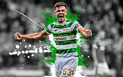 Kieran Tierney, 4k, Scottish football player, Celtic FC, defender, green-white paint splashes, creative art, Scotland, football, grunge, Tierney