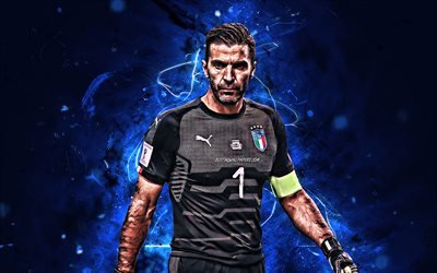 Gianluigi Buffon, portiere della Nazionale italiana, il calcio, i calciatori, luci al neon, Buffon, nazionale italiana di calcio