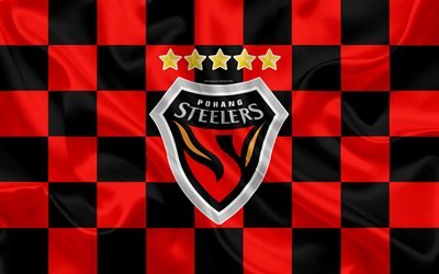 FC Pohang Steelers, 4k, logo, creative art, red black checkered flag, South Korean football club, K League 1, silk texture, Pohang, South Korea, football