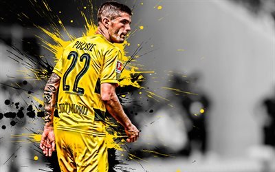Christian Pulisic, 4k, Amerikan futbolcusu, BVB, Borussia Dortmund, orta saha oyuncusu, sarı-siyah boya sı&#231;raması, yaratıcı sanat, Bundesliga, Almanya, futbol, grunge, Pulisic