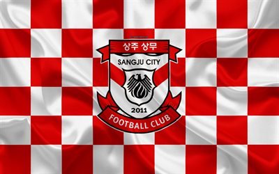 Sangju Sangmu FC, 4k, logo, creative art, red and white checkered flag, South Korean football club, K League 1, silk texture, Sanju, South Korea, football