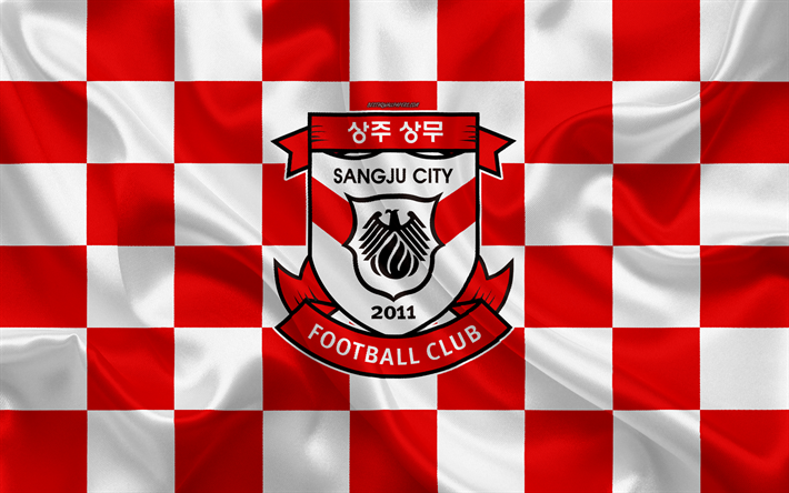 Sangju Sangmu FC, 4k, logo, creativo, arte, rosso e bianco, la bandiera a scacchi, corea del Sud football club, K League 1, consistenza setosa, Sanju, Corea del Sud, calcio