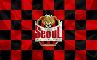 O FC Seoul, 4k, logo, arte criativa, preto vermelho da bandeira quadriculada, Coreia do sul futebol clube, K League 1, textura de seda, Seul, Coreia Do Sul, futebol