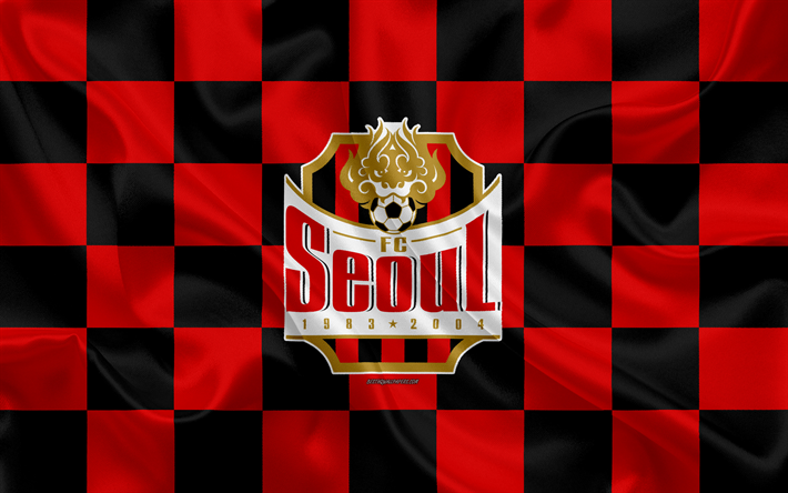 FC Seoul, 4k, logo, creative art, red black checkered flag, South Korean football club, K League 1, silk texture, Seoul, South Korea, football