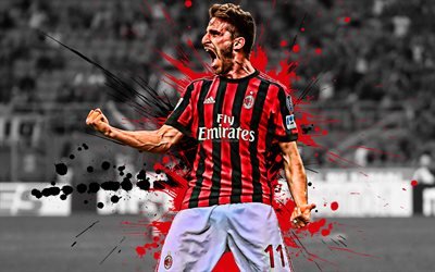 Fabio Borini, 4k, joueur de football italien, le Milan AC, le milieu de terrain, rouge, noir &#233;claboussures de peinture, art cr&#233;atif, de la Serie A, l&#39;Italie, le football, le grunge, Borini