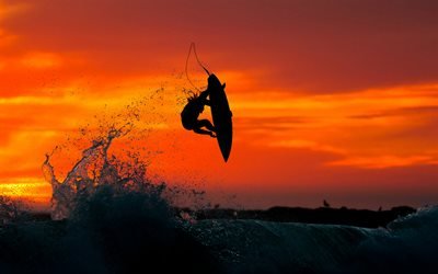 surfar, grandes ondas, p&#244;r do sol, noite, oceano, ondas, esportes radicais