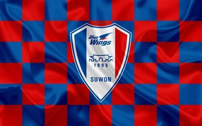 O Suwon Samsung Bluewings FC, 4k, logo, arte criativa, azul vermelho bandeira quadriculada, Coreia do sul futebol clube, K League 1, textura de seda, Suwon, Coreia Do Sul, futebol