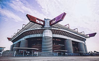 San Siro, 4k, AC Milan stadium, aerial view, soccer, football stadium, Milan, Italy, AC Milan, italian stadium