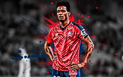Thiago Mendes, 4k, Brazilian football player, Lille OSC, midfielder, red and blue paint splashes, creative art, Ligue 1, France, football, grunge, Lille Olympique Sporting Club