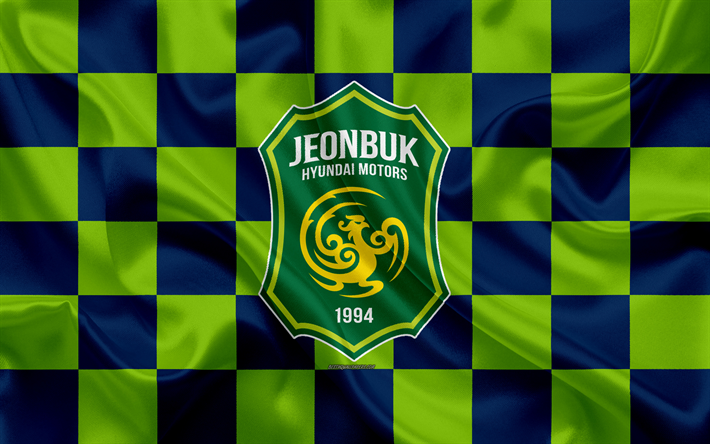 Jeonbuk Hyundai Motors FC, 4k, logo, creativo, arte, blu, verde, bandiera a scacchi, corea del Sud football club, K League 1, consistenza setosa, Jeonju, Corea del Sud, calcio