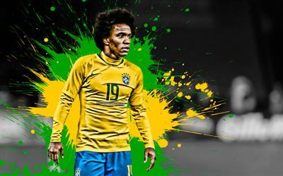 4k, Willian, green and yellow splashes, Brazil National Team, Willian Borges da Silva, soccer, footballers, grunge, football stars, Brazilian football team