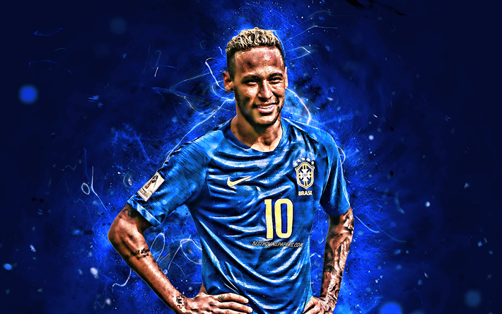Neymar, fundo azul, estrelas do futebol, A Sele&#231;&#227;o Do Brasil, uniforme azul, Neymar JR, futebol, alegria, criativo, luzes de neon, Time de futebol brasileiro