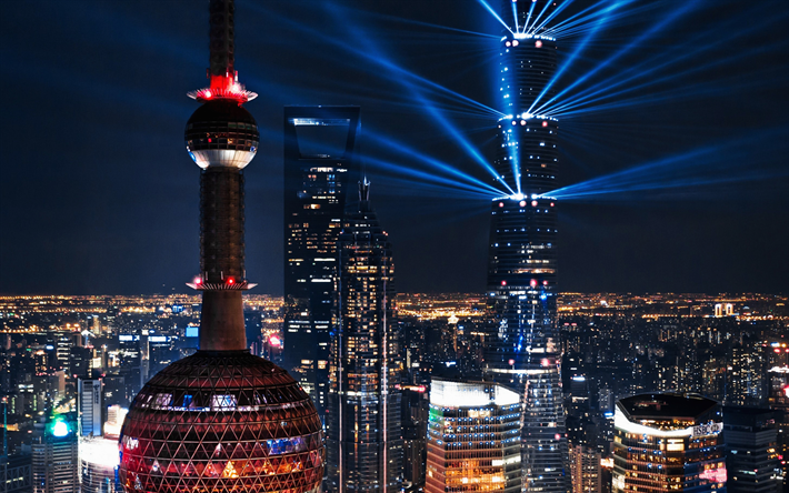 Shanghai Oriental Pearl Tower, Shanghai World Financial Center, noche, rascacielos, centros de negocios, metropolis, luces, China