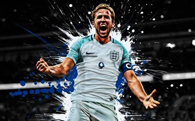Harry Kane, 4k, English football player, England national football team, striker, white blue paint splashes, creative art, England, football, grunge