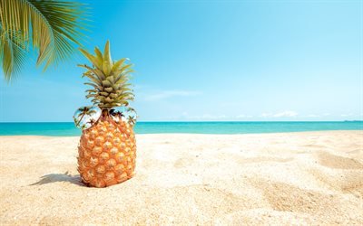 pineapple on the beach, summer travel, pineapple with sunglasses, seascape, summer, tropical islands, summer travel concepts