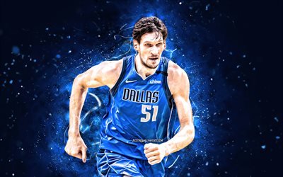 Boban Marjanovic, 4k, 2020, Dallas Mavericks, NBA, basketbol, Boban Marjanovic Dallas Mavericks, mavi neon ışıkları, Boban Marjanovic 4K
