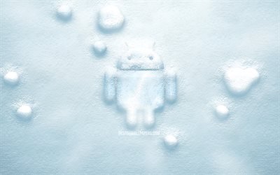 android 3d schneelogo, 4k, kreativ, betriebssystem, android logo, schneehintergr&#252;nde, android 3d logo, android
