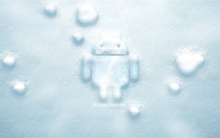 Logo de neige 3D Android, 4K, cr&#233;atif, OS, logo Android, arri&#232;re-plans de neige, logo 3D Android, Android