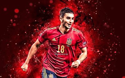 Ferran Torres, 4k, Spain National Team, soccer, footballers, Ferran Torres Garcia, red neon lights, Spanish football team, Ferran Torres 4K