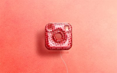 4K, Instagram 3D logo, artwork, social network, pink realistic balloons, Instagram logo, pink backgrounds, Instagram