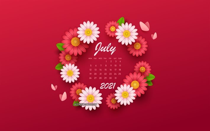 2021 يوليو التقويم, الخلفية مع الزهور, تقويم عام 2021, يوليو, تقويمات 2021, تقويم يوليو 2021