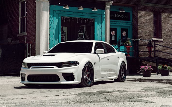 Dodge Charger SRT Hellcat, vista frontale, esterno, berlina bianca, ruote nere, tuning Charger, auto americane, Dodge
