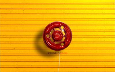Logotipo do Ubuntu, 4K, bal&#245;es realistas vermelhos, Linux, logotipo do Ubuntu 3D, planos de fundo de madeira amarelos, Ubuntu