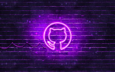 Logotipo violeta do Github, 4k, parede de tijolos violeta, logotipo do Github, redes sociais, logotipo de n&#233;on do Github, Github
