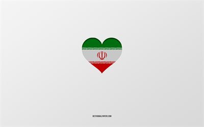 イランが大好き, アジア諸国, イラン, 灰色の背景, イランの国旗のハート, 好きな国