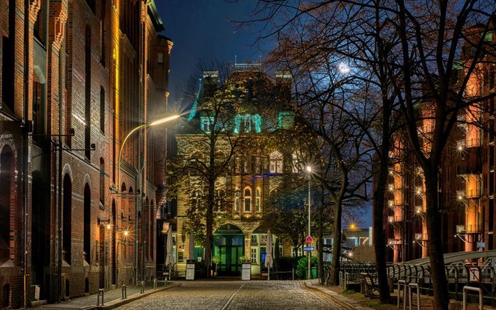 Hamburgo, 4k, paisagens noturnas, rua, cidades alem&#227;s, Europa, Alemanha