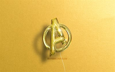 Avengers 3D logosu, sarı ger&#231;ek&#231;i balonlar, 4k, s&#252;per kahramanlar, Avengers logosu, sarı taş arka planlar, Avengers