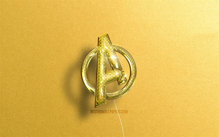 Logo Avengers 3D, ballons r&#233;alistes jaunes, 4k, super-h&#233;ros, logo Avengers, arri&#232;re-plans de pierre jaune, Avengers