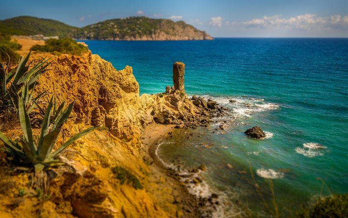 Ibiza, mer M&#233;diterran&#233;e, c&#244;te, rochers, paysage marin, mer, &#233;t&#233;, Espagne